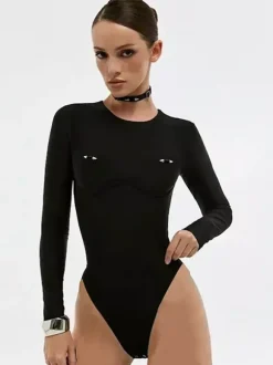 Women One Piece Swimsuits White Metal Details Jewel Neck Summer Beach Swimwear