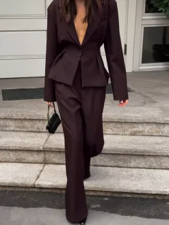 Women Peplum Blazer Wide Leg Pants 2 Piece Set Deep Brown Office Business Suit
