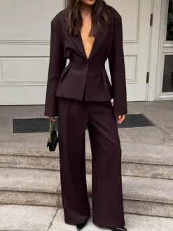 Women Peplum Blazer Wide Leg Pants 2 Piece Set Deep Brown Office Business Suit