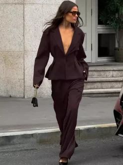 Women Peplum Blazer Wide Leg Pants 2 Piece Set Deep Brown Office Business Suit