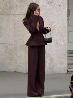 Women Peplum Blazer Wide Leg Pants 2 Piece Set Deep Brown Office Business Suit