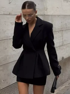 Women Peplum Waist Blazer Mini Skirt 2 Piece Set Double Breasted Suit Dress Outfit