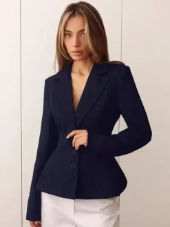 Women Peplum Waist Blazer Notched Lapel Single Breasted Fitted Office Suit Jacket