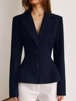Women Peplum Waist Blazer Notched Lapel Single Breasted Fitted Office Suit Jacket