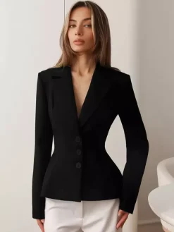 Women Peplum Waist Blazer Notched Lapel Single Breasted Fitted Office Suit Jacket