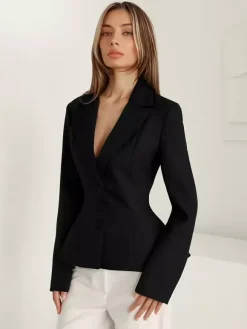 Women Peplum Waist Blazer Notched Lapel Single Breasted Fitted Office Suit Jacket