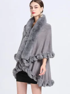 Women Poncho Faux Fur Collar Cape Spring Outerwear