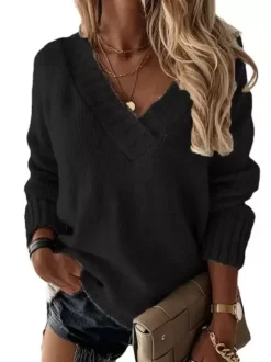 Women Pullover Sweater Apricot V-Neck Long Sleeves Acrylic Sweaters
