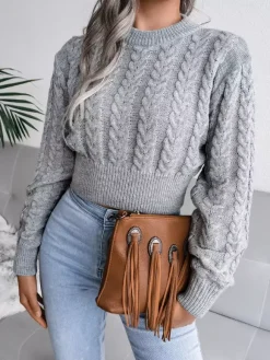 Women Pullover Sweater Baby Blue Jewel Neck Long Sleeves Cotton Sweaters