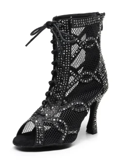 Women Rhinestones Nets Lace Up Dance Booties