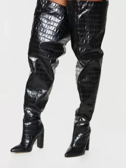 Women's Baggy Thigh High Boots Wide Stone Grain Chunky Heel Oversized Over The Knee Boots