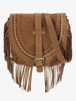 Women's Bags Khaki Faux Suede Round Adjustable Strap Fringe Zipper