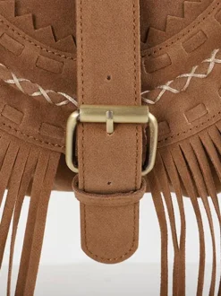 Women's Bags Khaki Faux Suede Round Adjustable Strap Fringe Zipper