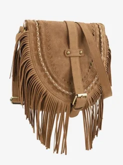 Women's Bags Khaki Faux Suede Round Adjustable Strap Fringe Zipper
