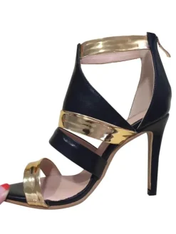 Women's Black and Gold High Heels Cut Out Stiletto Heel Sandals
