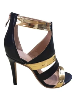 Women's Black and Gold High Heels Cut Out Stiletto Heel Sandals