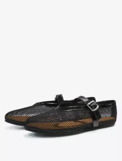 Women's Black Ballet Flats Round Toe Fishnet Mary Jane Ballerina Flats