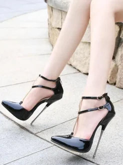 Womens Black High Heels Magenta Pointed Toe Stiletto Heel Chains Sexy Ankle Strap Heels