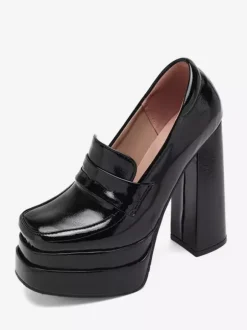 Women's Black Loafers High Heel Platform Suqare Toe Slip On Pumps