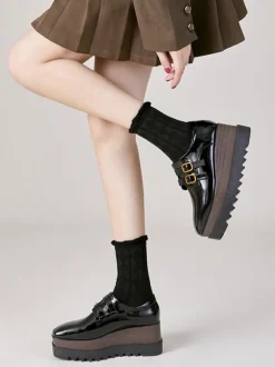 Women's Black Oxfords Square Toe Buckle Detail Wedge Heel Oxford Shoes