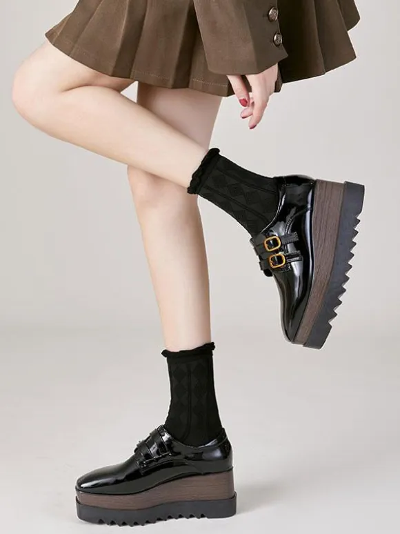 Women's Black Oxfords Square Toe Buckle Detail Wedge Heel Oxford Shoes