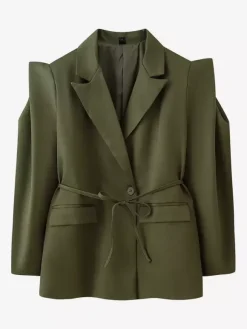Women's Blazer Pleated Turndown Collar Buttons Long Sleeves Suit Jacket