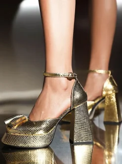 Women's Block Heels Gold Metallic Round Toe Bow Anlle Strap Pumps