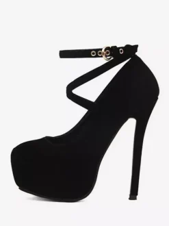 Womens Blue Platform Pumps Suede Round Toe Criss Cross Strap Stiletto Heels