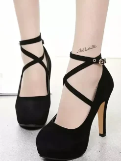 Womens Blue Platform Pumps Suede Round Toe Criss Cross Strap Stiletto Heels