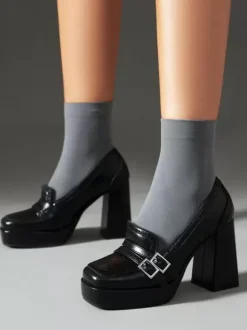 Women's Buckle Chunky Heel Loafers PU Leather
