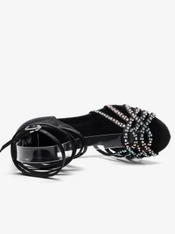 Women's Customized Latin Dance Shoes Black Open Toe Rhinestones Ballroom Dance Shoes