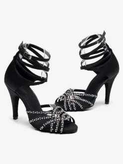 Women's Customized Latin Dance Shoes Black Open Toe Rhinestones Ballroom Dance Shoes