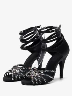 Women's Customized Latin Dance Shoes Black Open Toe Rhinestones Ballroom Dance Shoes