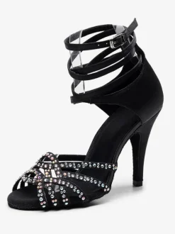 Women's Customized Latin Dance Shoes Black Open Toe Rhinestones Ballroom Dance Shoes
