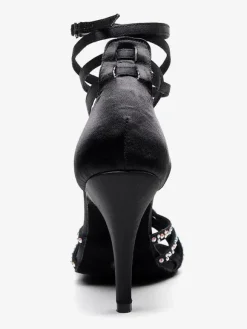 Women's Customized Latin Dance Shoes Black Open Toe Rhinestones Ballroom Dance Shoes