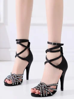 Women's Customized Latin Dance Shoes Black Open Toe Rhinestones Ballroom Dance Shoes