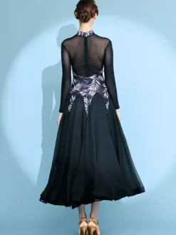Womens Dance Dress Printed Arge Swing Skirts National Standard Dance Costume Long Sleeve Modern Waltz Tango Dress For Competition