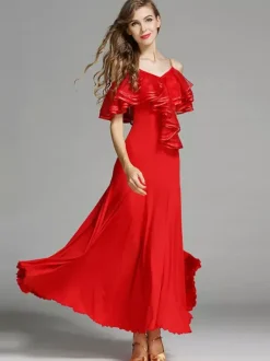 Womens Dance Dress Ruffles Large Swing Skirts Lyrical Ballroom Dance Costumes Spaghetti Strap Dancewear