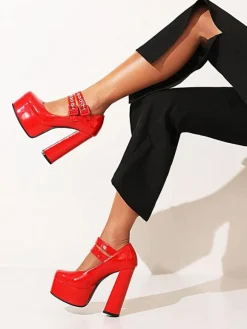 Women's Double Buckles Mary Jane Platform Chunky Heel Pumps