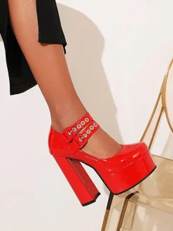 Women's Double Buckles Mary Jane Platform Chunky Heel Pumps
