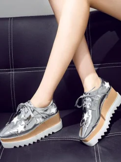 Women's Gold Lace Up Oxfords Platform Shoes Casual Shoes