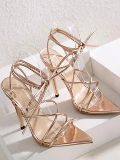 Womens Gold Strappy Heels Lace Up Stiletto Heel Sandals Prom Shoes
