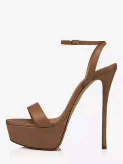Women's Heel Sandals Nude Genuine Leather Platform Stiletto Heeled Ankle Strap Dress Sandals