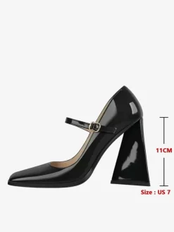 Women's Heels Slip-On Buckle Pumps Chic Square Toe Chunky Heel PU Leather