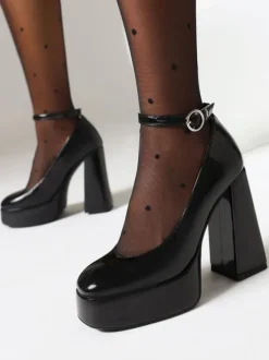 Women's High Heels Black Round Toe Chunky Heel Ankle Strap Pumps