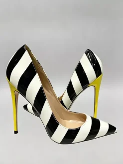 Women's High Heels Pointed Toe Striped Slip On Pumps