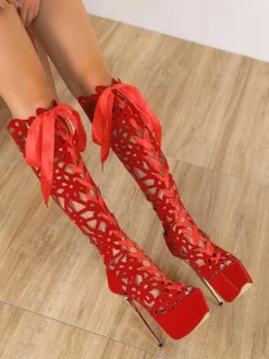 Women's Hollow Out Lace Up Summer Knee High Boots with Platform