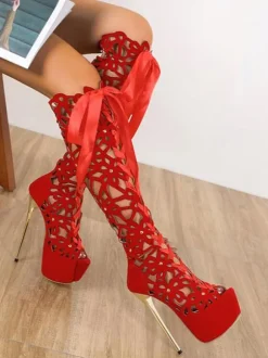 Women's Hollow Out Lace Up Summer Knee High Boots with Platform