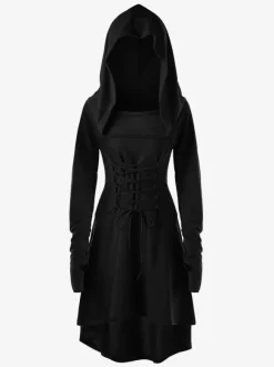 Womens Renaissance Costumes Hooded Robe Lace Up Vintage Pullover High Low Long Hoodie Dress Medieval Gothic Cloak