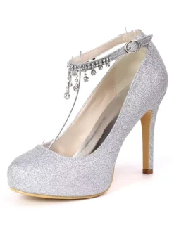 Women's Rhinestones Ankle Strap Round Toe Bridal Pumps